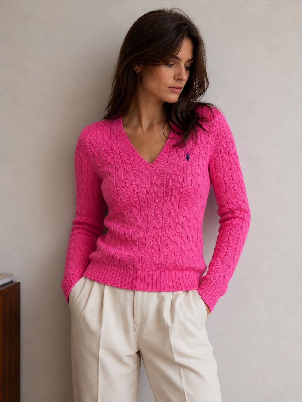 Ralph Lauren Pink V-Neck Cableknit Sweater Preppy Academia Old Money Classic